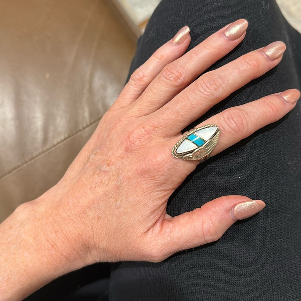 Vintage silver ring with opal and turquoise stones